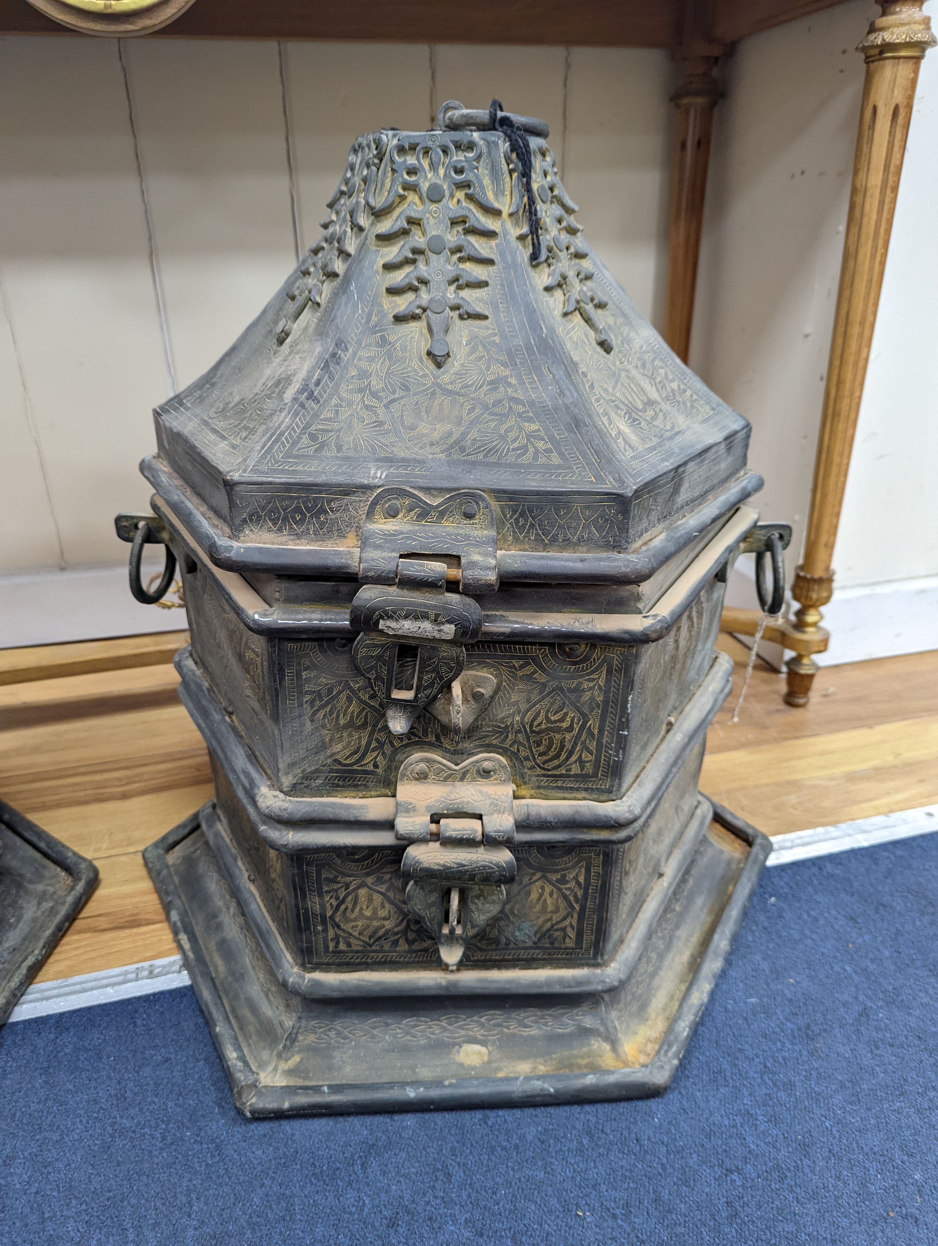 Two Middle Eastern brass vessels, largest height 58cm